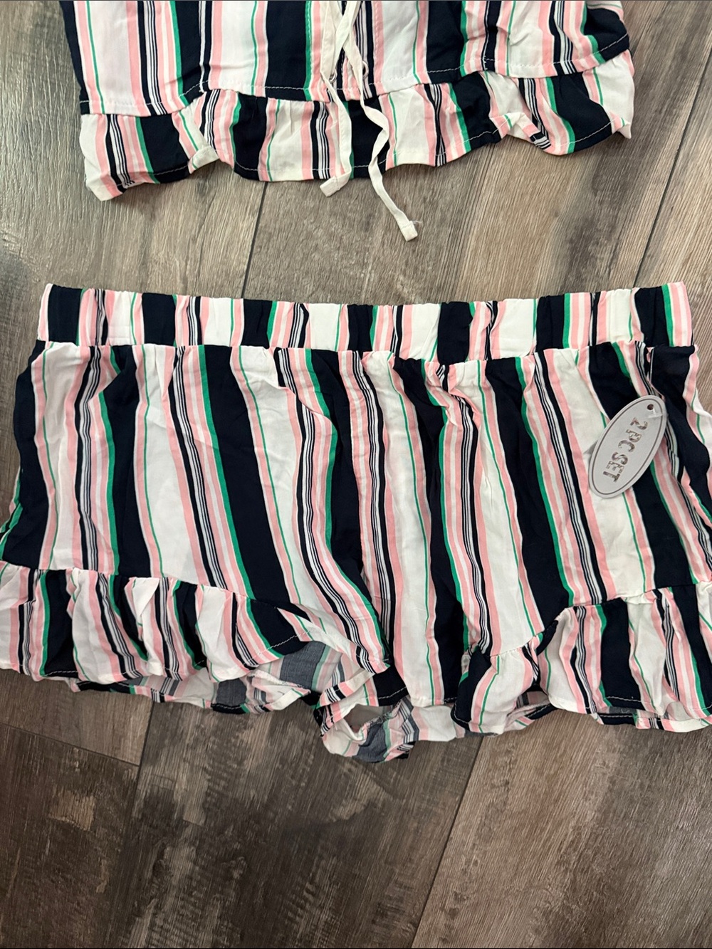 Striped Ruffle Drawstring Shorts - Pink, Navy & Green - Picture 3 of 4